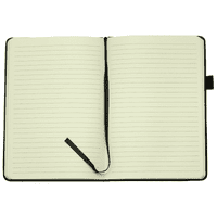 A black A5 notebook with recycled paper, featuring lined pages and a ribbon bookmark.