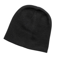 A black beanie with a simple, textured pattern, featuring a logo on the side.