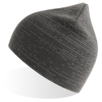 A grey beanie with a textured pattern and a pointed top. It features a logo on the side.