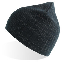 A dark green beanie with a textured pattern, featuring a pointed crown and a logo.