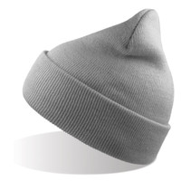 A grey beanie made from recycled polyester, featuring a ribbed design and a pointed top. It has a logo on the side.