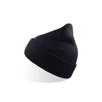 A black beanie made from recycled polyester with a fold-over cuff and a pointed top. It features a logo.