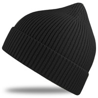 A black ribbed beanie with a pointed top, featuring a logo on the side.