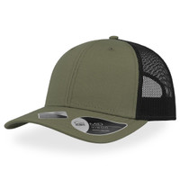 A green cap with a black mesh back, featuring a rounded visor and a branded tag on the side.
