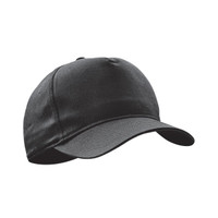 A black cap with a curved brim and a seamless design, featuring a logo on the front.