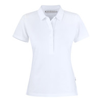 A white women's polo shirt with a collar and a button closure, featuring a logo on the side.