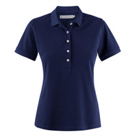A polo shirt for women in navy blue with a classic button placket and a collar. It features a logo.