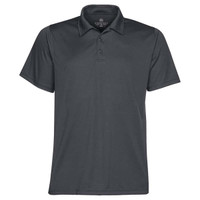 A dark grey men's polo shirt with a classic collar and three-button placket. It features a branding logo.