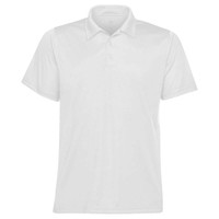 A white polo shirt with a collar and buttons, featuring a logo on the chest.
