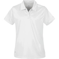 A white women's polo shirt with a collar and short sleeves, featuring a logo.