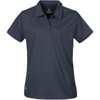 A dark blue women's polo shirt with a collar and short sleeves, featuring a logo on one side.