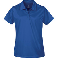 A blue women's polo shirt featuring a collared design and a subtle logo.