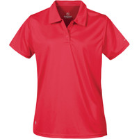 A red women's polo shirt featuring a collar and short sleeves, with a logo present on the design.