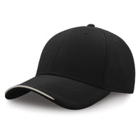A black cap with a subtly contrasting peak and a logo on the front, made from recycled polyester.