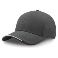 A grey cap made from recycled polyester with a curved brim and a logo on the front.