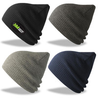 A set of four beanies in black, olive green, dark green, and navy blue, featuring various logos.