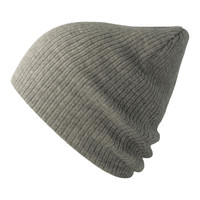 A grey ribbed beanie made from recycled polyester, featuring a logo.
