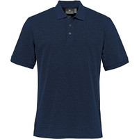A navy blue stretch pique polo shirt featuring a collar and logo.