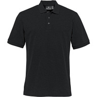 A black polo shirt featuring a collar, short sleeves, and a logo on the chest. Made from stretch pique fabric.