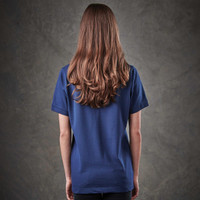 A navy blue women's polo shirt featuring a logo on the back.