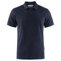 A navy blue men's cotton polo shirt with a classic collar and three-button placket, featuring a small logo.