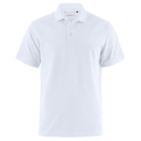 A white polo shirt with a classic collar and button placket, featuring a logo on the chest.