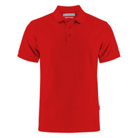 A red cotton polo shirt with a classic collar and three buttons, featuring a logo on the chest.