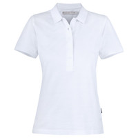 A white women's cotton polo shirt with a collar and a button-up front. It features a logo on the side.