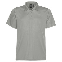 A light grey men's polo shirt with a collar, short sleeves, and a logo on the tag.