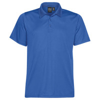 A blue men's polo shirt featuring a classic collar and a logo on the label.