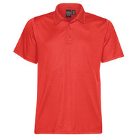 A red men's polo shirt with a classic collar and three-button placket. It features a logo on the label.