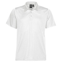 A white men's polo shirt with a classic collar and a logo on the label. Short sleeves and a simple design.