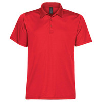 A red men's polo shirt with a collar, short sleeves, and a logo on the chest.