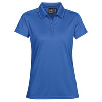 A women's polo shirt in vibrant blue with a classic collar and a logo on the label.