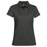 A women's polo shirt in dark grey, featuring a collar and a logo on the upper side.