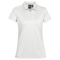 A white women's polo shirt featuring a classic collar and a logo on the chest.