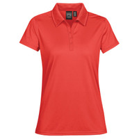 A red women's polo shirt with a collar, short sleeves, and a button placket. It features a logo on the label.