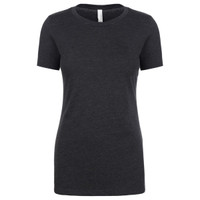 A women's charcoal grey crew neck t-shirt with short sleeves and a branded label.