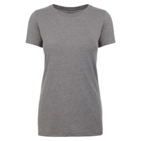 A women's short-sleeve crew neck t-shirt in a heather grey colour, featuring a logo.
