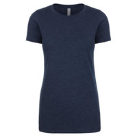 A women's short-sleeve crew t-shirt in navy blue, featuring a simple design and a brand logo.