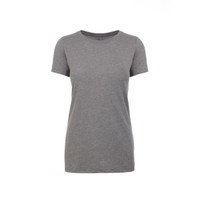 A grey women's crew neck t-shirt with short sleeves. The shirt features a logo.