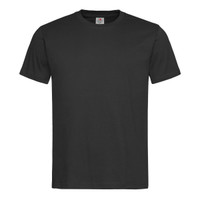 A black men's classic T-shirt with short sleeves and a round neckline, featuring a logo at the neck.