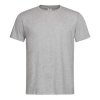 A grey men's classic organic T-shirt with a crew neckline and short sleeves. It features a logo on the label.