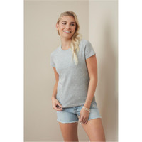 A grey women's crew neck t-shirt displayed on a model, featuring a casual fit and short sleeves.