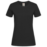 A black women's classic organic crew neck t-shirt with short sleeves and a label at the neckline.