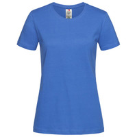 A women's classic organic crew neck t-shirt in blue, featuring a fitted design and short sleeves.