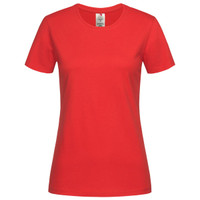 A red women's classic organic crew neck t-shirt displayed on a white background, featuring a label inside.