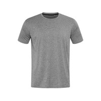 A grey T-shirt with short sleeves and a crew neckline. Features a logo on the front.