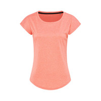 A women's short-sleeve t-shirt in a vibrant coral colour, featuring a subtle striped pattern and a branding logo.