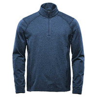 A navy performance pullover with a quarter zip and a collar, featuring raglan sleeves and a logo.